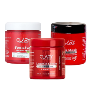 Clary offer hair mask 300ml, scalp& strand scrub 300ml, leave in 300ml