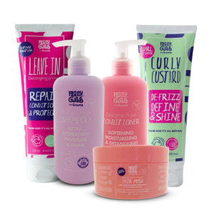 Plumpy shampoo, conditioner, hair mask, leave in, and curly custard
