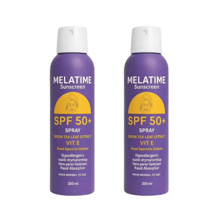 ⁦Melatime Sunscreen Spray SPF 50+ With Green Tea Leaf Extract And Vitamin E – 200ml 1+1⁩ - الصورة ⁦1⁩